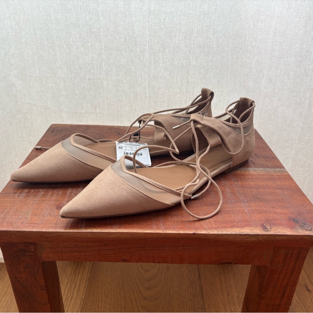 Zara Tan Lace-Up Flats